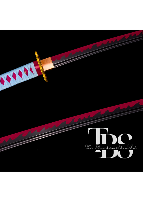 Handmade Damascus Steel Katana Sword – Sky Blue and Red Handle with Golden Detailing – White Blade Cover – Red and Black Blade – Full Tang Samurai Sword for Collectors, Anniversaries, Christmas, or Groomsmen Gifts - TheBlacksmithLtd #