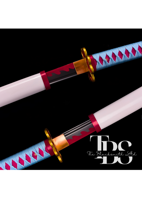 Handmade Damascus Steel Katana Sword – Sky Blue and Red Handle with Golden Detailing – White Blade Cover – Red and Black Blade – Full Tang Samurai Sword for Collectors, Anniversaries, Christmas, or Groomsmen Gifts - TheBlacksmithLtd #