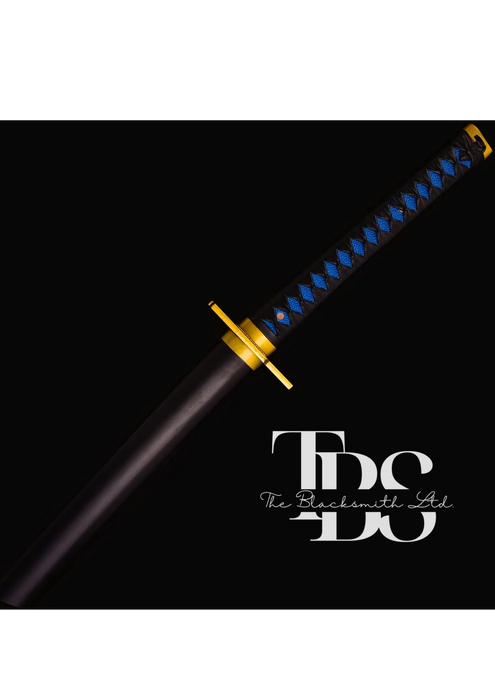 Handmade Damascus Steel Katana Sword – Black Handle with Blue Threading and Golden Detailing – Black Blade Cover – Full Tang Samurai Sword for Collectors, Anniversaries, Christmas, or Groomsmen Gifts - TheBlacksmithLtd #