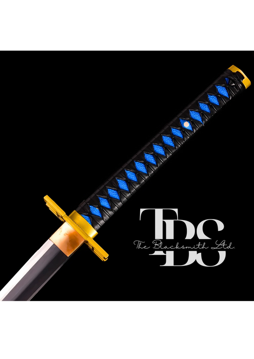 Handmade Damascus Steel Katana Sword – Black Handle with Blue Threading and Golden Detailing – Black Blade Cover – Full Tang Samurai Sword for Collectors, Anniversaries, Christmas, or Groomsmen Gifts - TheBlacksmithLtd #