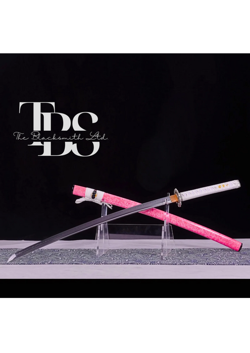 Handcrafted Damascus Steel Katana Sword with White Handle, Pink Blade Cover, and Silver Detailing – Customizable Engravings for Anniversary, Groomsmen Gifts, Christmas Gifts, and Collectors - TheBlacksmithLtd #