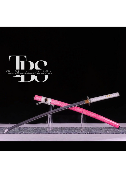 Handcrafted Damascus Steel Katana Sword with White Handle, Pink Blade Cover, and Silver Detailing – Customizable Engravings for Anniversary, Groomsmen Gifts, Christmas Gifts, and Collectors - TheBlacksmithLtd #