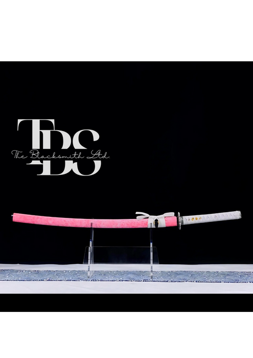 Handcrafted Damascus Steel Katana Sword with White Handle, Pink Blade Cover, and Silver Detailing – Customizable Engravings for Anniversary, Groomsmen Gifts, Christmas Gifts, and Collectors - TheBlacksmithLtd #