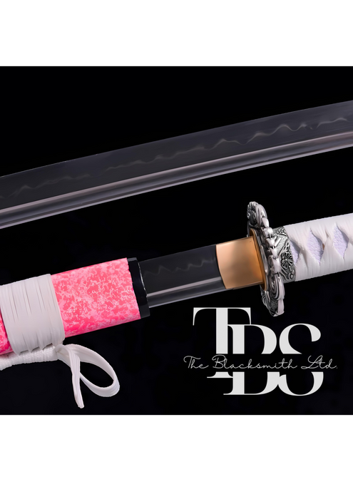 Handcrafted Damascus Steel Katana Sword with White Handle, Pink Blade Cover, and Silver Detailing – Customizable Engravings for Anniversary, Groomsmen Gifts, Christmas Gifts, and Collectors - TheBlacksmithLtd #