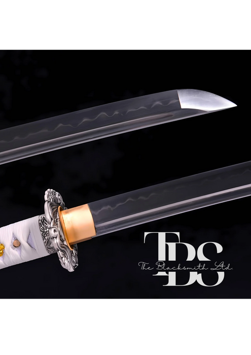 Handcrafted Damascus Steel Katana Sword with White Handle, Pink Blade Cover, and Silver Detailing – Customizable Engravings for Anniversary, Groomsmen Gifts, Christmas Gifts, and Collectors - TheBlacksmithLtd #