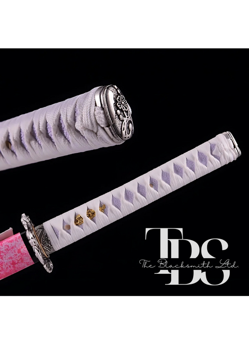 Handcrafted Damascus Steel Katana Sword with White Handle, Pink Blade Cover, and Silver Detailing – Customizable Engravings for Anniversary, Groomsmen Gifts, Christmas Gifts, and Collectors - TheBlacksmithLtd #