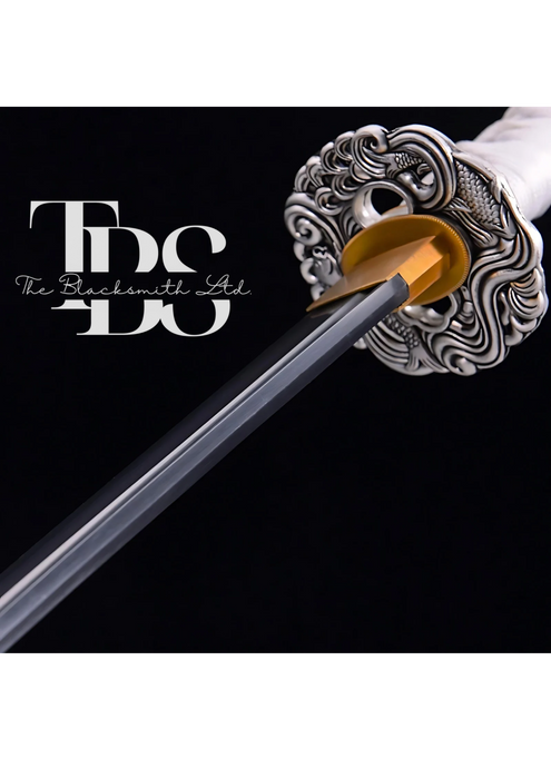 Handcrafted Damascus Steel Katana Sword with White Handle, Pink Blade Cover, and Silver Detailing – Customizable Engravings for Anniversary, Groomsmen Gifts, Christmas Gifts, and Collectors - TheBlacksmithLtd #