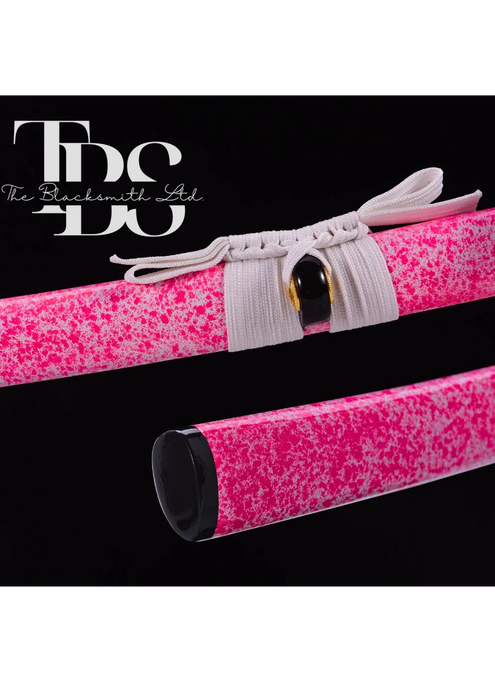Handcrafted Damascus Steel Katana Sword with White Handle, Pink Blade Cover, and Silver Detailing – Customizable Engravings for Anniversary, Groomsmen Gifts, Christmas Gifts, and Collectors - TheBlacksmithLtd #