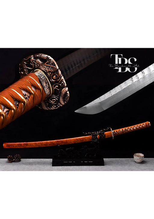 Handcrafted Damascus Steel Katana Sword with Brown Handle, Brown Blade Cover, and Bronze Detailing – Customizable Engravings for Anniversary, Groomsmen Gifts, Christmas Gifts, and Collectors - TheBlacksmithLtd #