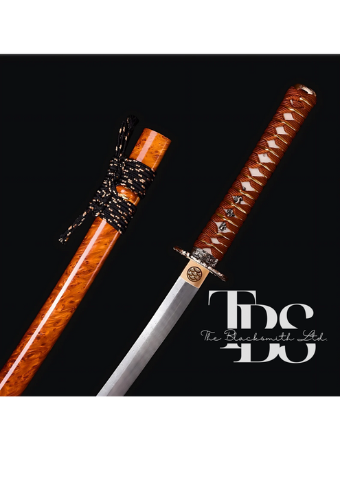 Handcrafted Damascus Steel Katana Sword with Brown Handle, Brown Blade Cover, and Bronze Detailing – Customizable Engravings for Anniversary, Groomsmen Gifts, Christmas Gifts, and Collectors - TheBlacksmithLtd #