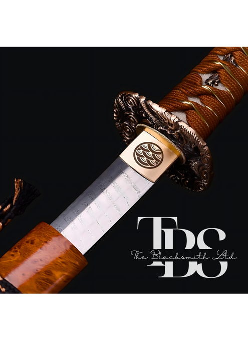 Handcrafted Damascus Steel Katana Sword with Brown Handle, Brown Blade Cover, and Bronze Detailing – Customizable Engravings for Anniversary, Groomsmen Gifts, Christmas Gifts, and Collectors - TheBlacksmithLtd #