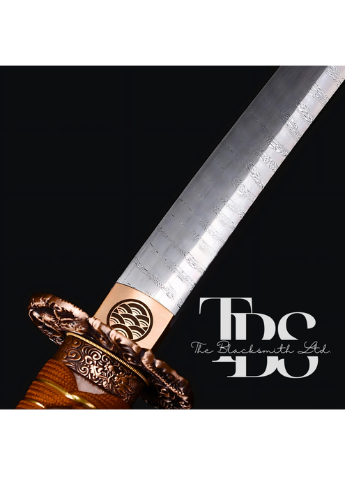 Handcrafted Damascus Steel Katana Sword with Brown Handle, Brown Blade Cover, and Bronze Detailing – Customizable Engravings for Anniversary, Groomsmen Gifts, Christmas Gifts, and Collectors - TheBlacksmithLtd #
