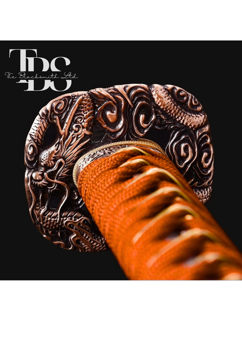Handcrafted Damascus Steel Katana Sword with Brown Handle, Brown Blade Cover, and Bronze Detailing – Customizable Engravings for Anniversary, Groomsmen Gifts, Christmas Gifts, and Collectors - TheBlacksmithLtd #