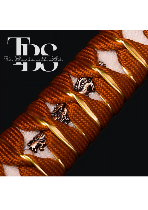 Handcrafted Damascus Steel Katana Sword with Brown Handle, Brown Blade Cover, and Bronze Detailing – Customizable Engravings for Anniversary, Groomsmen Gifts, Christmas Gifts, and Collectors - TheBlacksmithLtd #