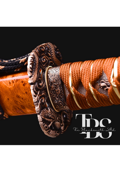 Handcrafted Damascus Steel Katana Sword with Brown Handle, Brown Blade Cover, and Bronze Detailing – Customizable Engravings for Anniversary, Groomsmen Gifts, Christmas Gifts, and Collectors - TheBlacksmithLtd #
