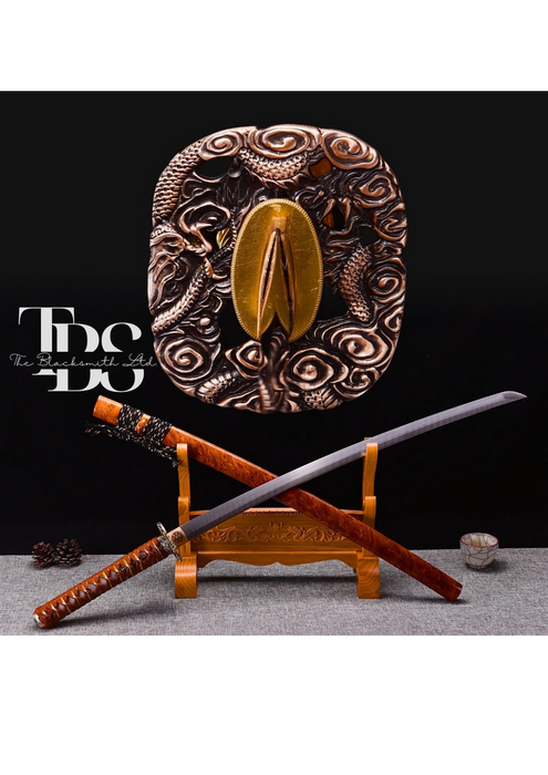 Handcrafted Damascus Steel Katana Sword with Brown Handle, Brown Blade Cover, and Bronze Detailing – Customizable Engravings for Anniversary, Groomsmen Gifts, Christmas Gifts, and Collectors - TheBlacksmithLtd #