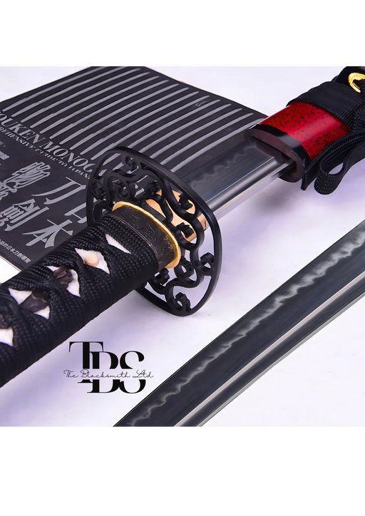 Handcrafted Damascus Steel Katana Sword with Black Handle, Red Blade Cover, and Black Detailing – Customizable Engravings for Anniversary, Groomsmen Gifts, Christmas Gifts, and Collectors - TheBlacksmithLtd #