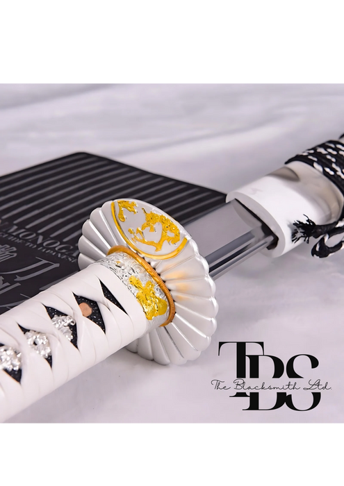 Handcrafted Damascus Steel Katana Sword with White Leathered Handle with Black Design, White and Black Designed Blade Cover with Lace, and White-Golden Detailing – Customizable Engravings for Anniversary, Groomsmen Gifts, Christmas Gifts, and Collectors - TheBlacksmithLtd #