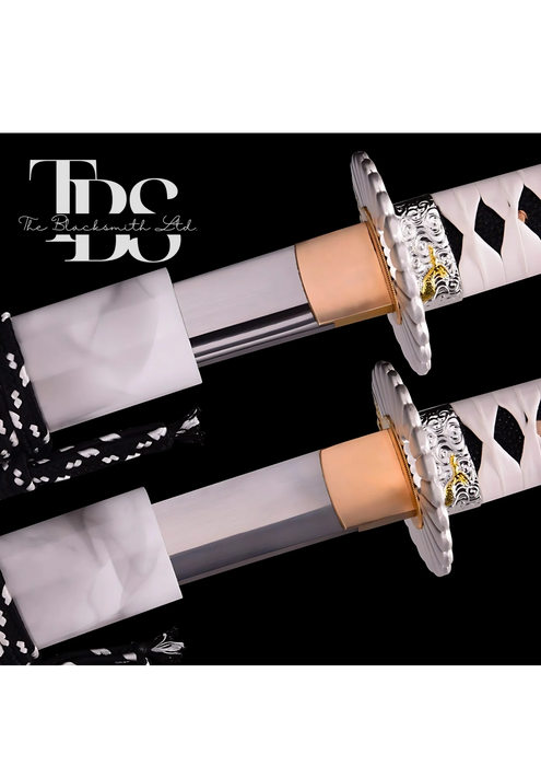 Handcrafted Damascus Steel Katana Sword with White Leathered Handle with Black Design, White and Black Designed Blade Cover with Lace, and White-Golden Detailing – Customizable Engravings for Anniversary, Groomsmen Gifts, Christmas Gifts, and Collectors - TheBlacksmithLtd #