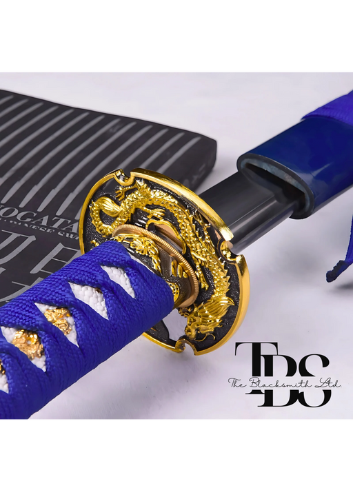 Handcrafted Damascus Steel Katana Sword with Blue Threaded Handle, Blue Dragon-Designed Blade Cover, and Golden Detailing – Customizable for Anniversary, Groomsmen Gifts, Christmas Gifts, and Collectors - TheBlacksmithLtd #