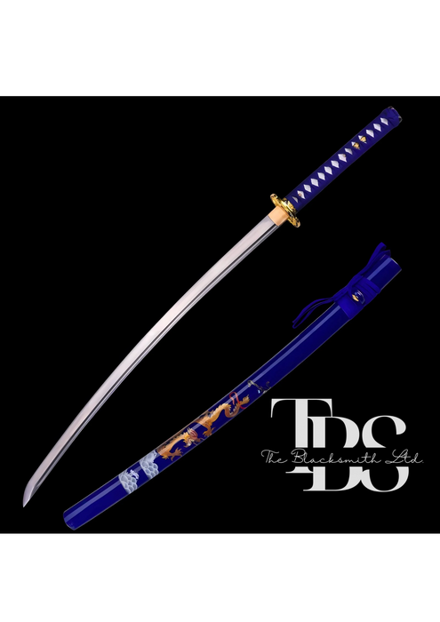 Handcrafted Damascus Steel Katana Sword with Blue Threaded Handle, Blue Dragon-Designed Blade Cover, and Golden Detailing – Customizable for Anniversary, Groomsmen Gifts, Christmas Gifts, and Collectors - TheBlacksmithLtd #