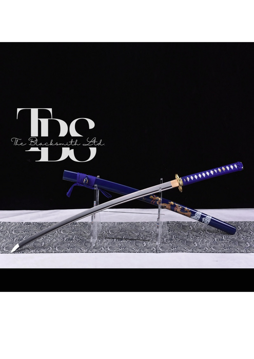 Handcrafted Damascus Steel Katana Sword with Blue Threaded Handle, Blue Dragon-Designed Blade Cover, and Golden Detailing – Customizable for Anniversary, Groomsmen Gifts, Christmas Gifts, and Collectors - TheBlacksmithLtd #