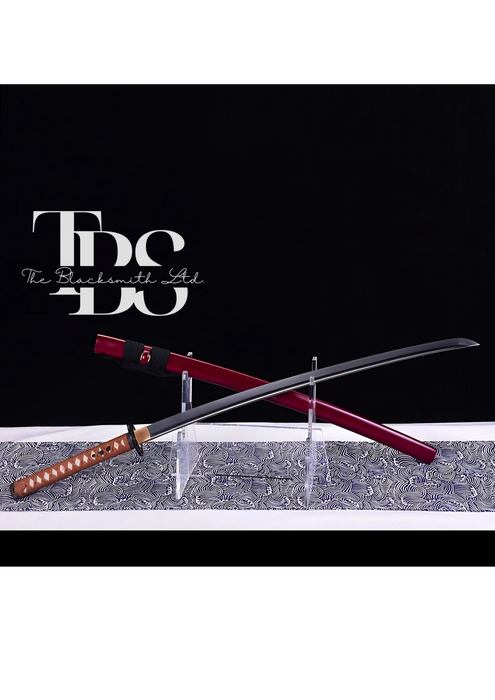 Handcrafted Damascus Steel Katana Sword with Orange Handle, Black Detailing, and Two Blade Cover Options (Red or Brown) – Customizable for Anniversary, Groomsmen Gifts, Christmas Gifts, and Collectors - TheBlacksmithLtd #