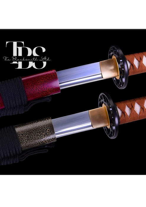 Handcrafted Damascus Steel Katana Sword with Orange Handle, Black Detailing, and Two Blade Cover Options (Red or Brown) – Customizable for Anniversary, Groomsmen Gifts, Christmas Gifts, and Collectors - TheBlacksmithLtd #