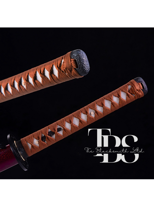 Handcrafted Damascus Steel Katana Sword with Orange Handle, Black Detailing, and Two Blade Cover Options (Red or Brown) – Customizable for Anniversary, Groomsmen Gifts, Christmas Gifts, and Collectors - TheBlacksmithLtd #