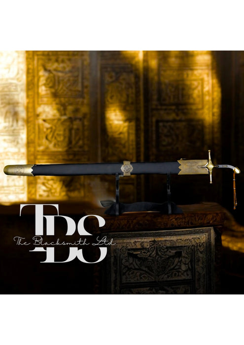 Handmade Prophet Muhammad Al-Qadeeb Sword – 36-Inch Plain Blade with Black Handle and Golden Detailing – Wooden Box – Collectible Gift, Anniversary Gift, Groomsmen Gift