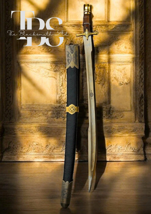 Handmade Ottoman Sword – Turkish Sword with Golden Handle and Intricate Detailing – 36-Inch Engraved Blade with Black Sheath and Copper Accents – Collectible Gift, Anniversary Gift, Groomsmen Gift