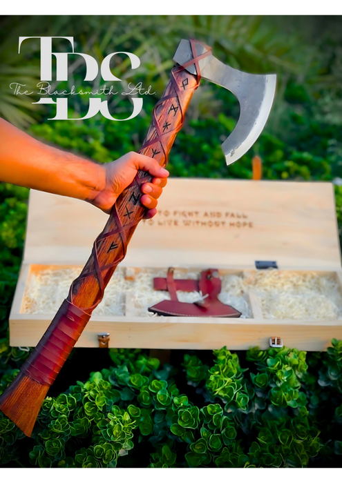 Handmade Damascus Steel Axe with Long Wooden Handle, Net-Wrapped Leather Grip, Ancient Script Engravings – Premium Bushcraft Tool, Unique Outdoor Gear, Rustic Decor, Groomsmen Gift, and Customizable Gift Option - TheBlacksmithLtd #