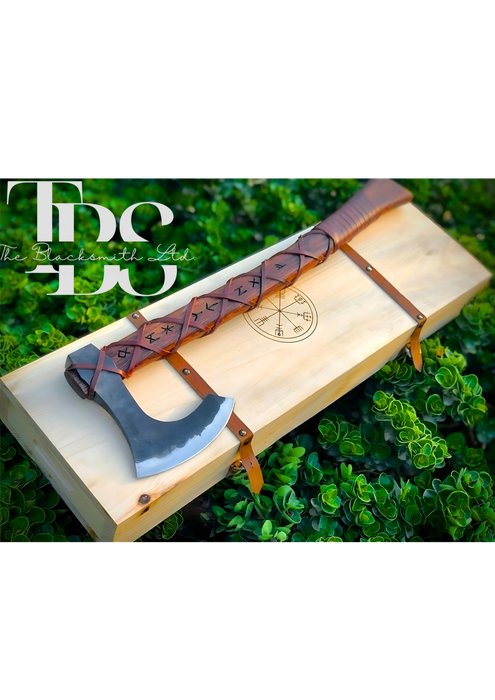 Handmade Damascus Steel Axe with Long Wooden Handle, Net-Wrapped Leather Grip, Ancient Script Engravings – Premium Bushcraft Tool, Unique Outdoor Gear, Rustic Decor, Groomsmen Gift, and Customizable Gift Option - TheBlacksmithLtd #