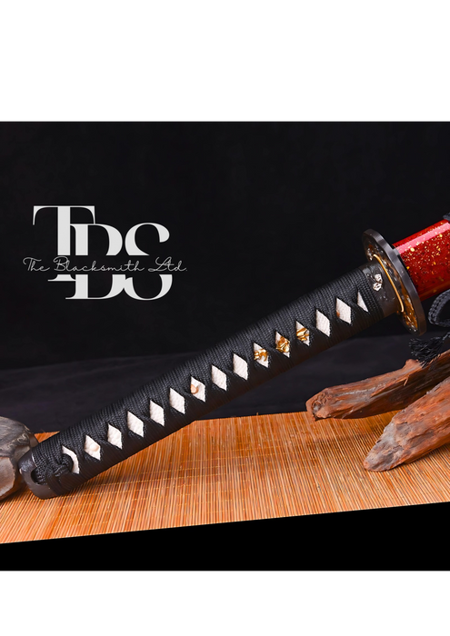 Handmade Damascus Steel Katana Sword – Black Handle with Black and Golden Detailing Near Handle – Red Blade Cover – Full Tang Samurai Sword for Collectors, Anniversaries, Christmas, or Groomsmen Gifts - TheBlacksmithLtd #