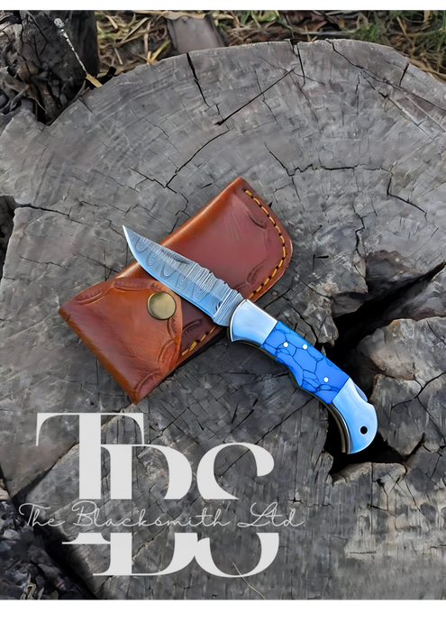 Handmade Blue Foldable Knife – Damascus Style Blade – Perfect Anniversary, Groomsmen, and Christmas Gift