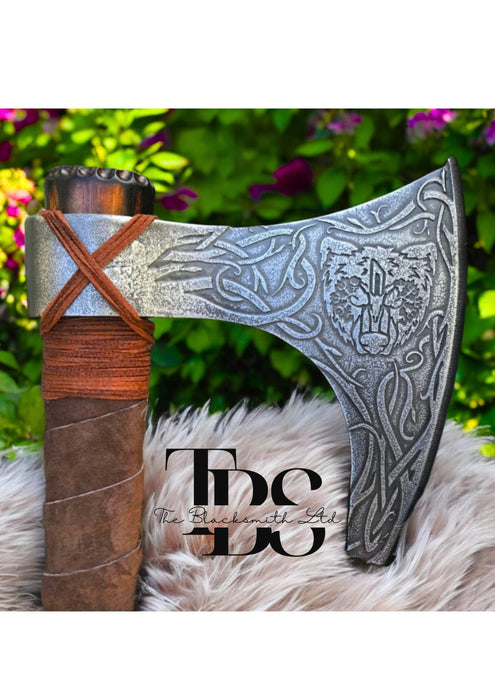 Viking Bear Axe | 18-Inch Hand-Forged Norse Axe with Runes & Bear Engravings | Perfect Christmas, Anniversary, or Groomsmen Gift