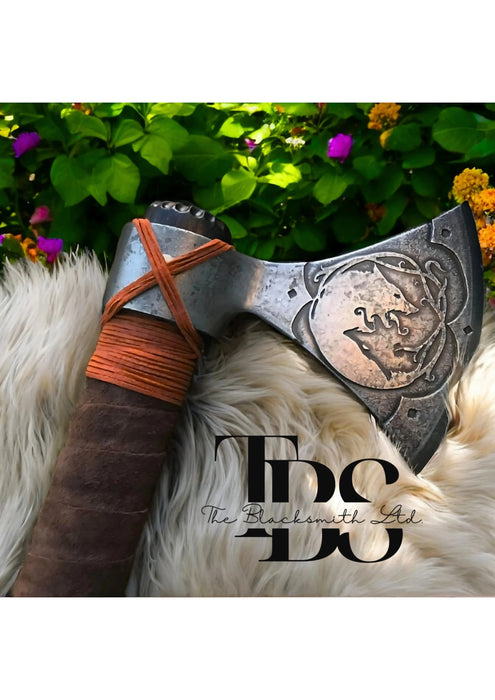 Skoll and Hati Wolf Tomahawk – 22-Inch Hand-Engraved Viking Axe | Norse Mythology-Inspired Engraved Blade and Leather-Wrapped Handle | Unique Anniversary, Christmas, and Groomsmen Gift