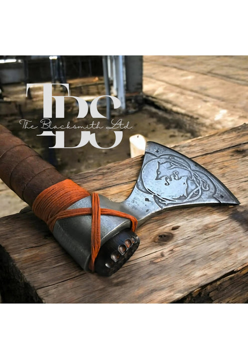 Skoll and Hati Wolf Tomahawk – 22-Inch Hand-Engraved Viking Axe | Norse Mythology-Inspired Engraved Blade and Leather-Wrapped Handle | Unique Anniversary, Christmas, and Groomsmen Gift