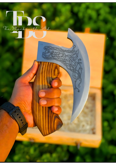 Handmade Dragon-Engraved Damascus Steel Axe with Curved Wooden Handle, Optional Custom Engraved Wooden Box, and Leather Blade Cover – Premium Bushcraft Tool, Unique Groomsmen Gift, Christmas Gift, Anniversary Gift, Rustic Decor Piece - TheBlacksmithLtd #