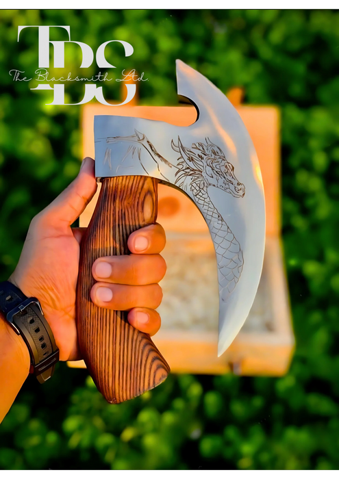 Handmade Dragon-Engraved Damascus Steel Axe with Curved Wooden Handle, Optional Custom Engraved Wooden Box, and Leather Blade Cover – Premium Bushcraft Tool, Unique Groomsmen Gift, Christmas Gift, Anniversary Gift, Rustic Decor Piece - TheBlacksmithLtd #