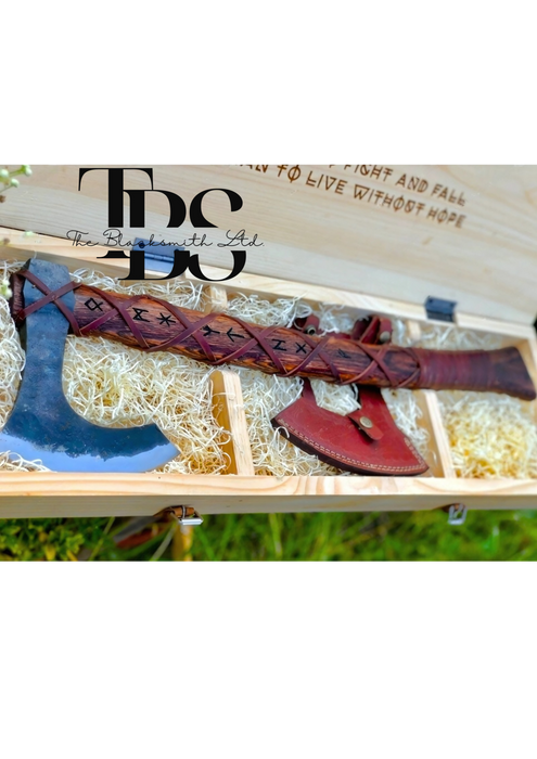 Handmade Damascus Steel Axe with Long Wooden Handle, Net-Wrapped Leather Grip, Ancient Script Engravings – Premium Bushcraft Tool, Unique Outdoor Gear, Rustic Decor, Groomsmen Gift, and Customizable Gift Option - TheBlacksmithLtd #