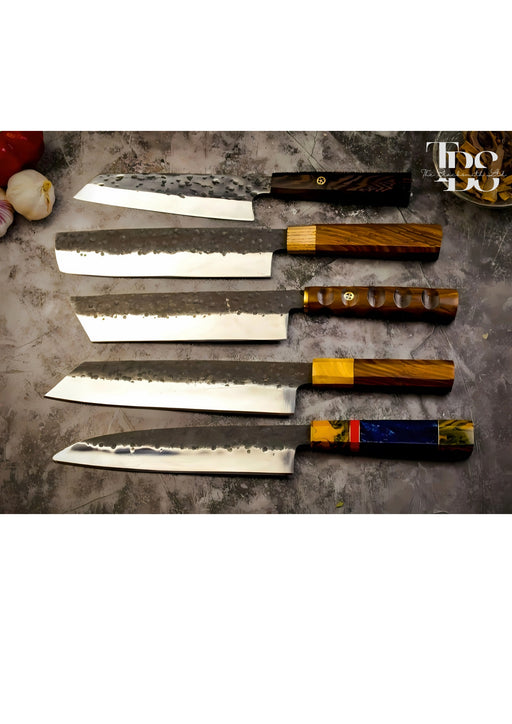 Set of 5 Handcrafted Chef Knives with Sharp Stainless Steel Blades, Unique Designs, Foldable Leather Pouch, Perfect for Culinary Professionals, Christmas Gift, Anniversary Gift, or Groomsmen Gift - TheBlacksmithLtd #