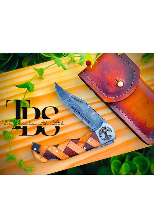 Custom Damascus Steel Handmade Pocket Knife, Multiple Color & Design Options, Monogram or Logo Engraving, Sharp Blade, Unique Groomsmen Gift, Christmas Gift, Anniversary Gift - TheBlacksmithLtd #