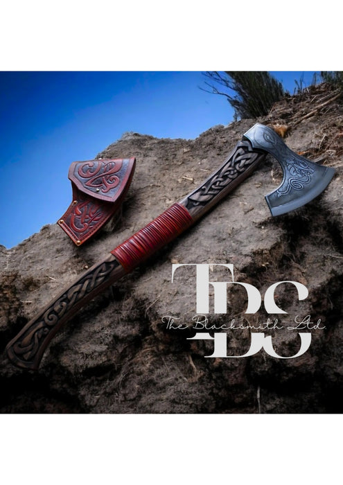 Handmade Fenrir Viking Axe – Engraved Handle & Blade – 24" Length with Leather Sheath – Ideal for Collectors, Groomsmen, and Special Occasions