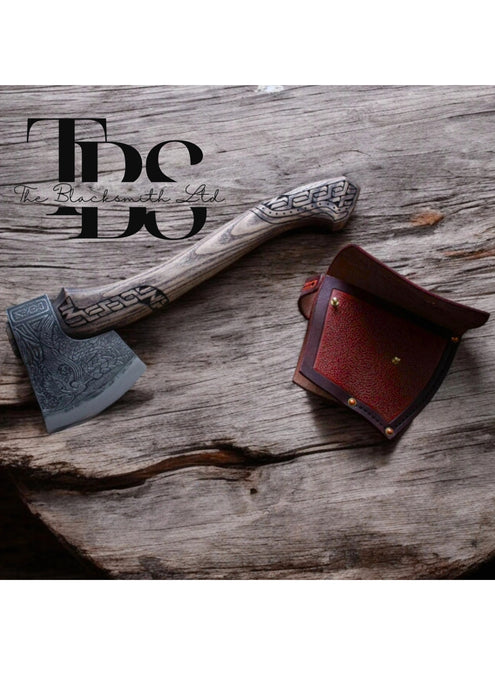 Handmade Viking Axe with Engraved Handle & Blade – 24" Length – Includes Leather Sheath – Perfect Gift for Anniversaries, Groomsmen, and Collectors