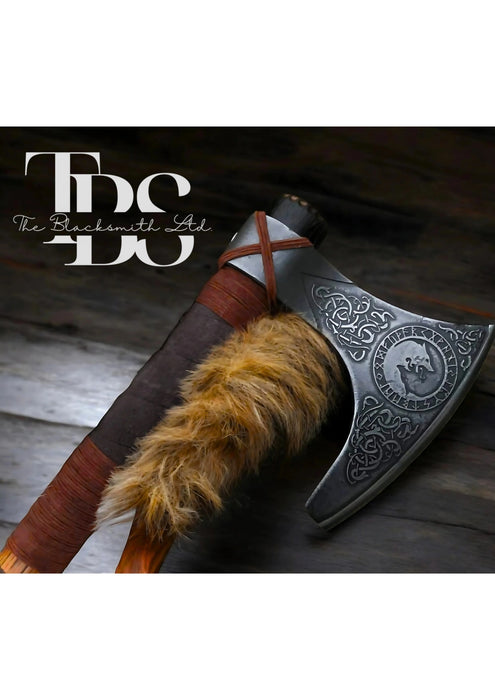 Handmade Viking Axe with Skoll & Hati Engravings – 24-Inch Carbon Steel Blade and Stylish Wooden Handle | Perfect Collectible, Groomsmen Gift, Anniversary Gift, or Christmas Present