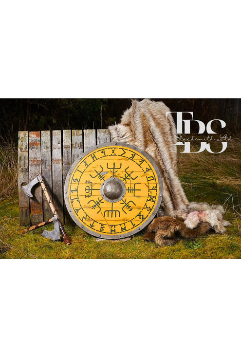 Handmade Yellow Wooden Shield with Ancient Wording and Design - Historical Collectible, Cosplay, Anniversary Gift, Groomsmen Gift, Christmas Gift - TheBlacksmithLtd #