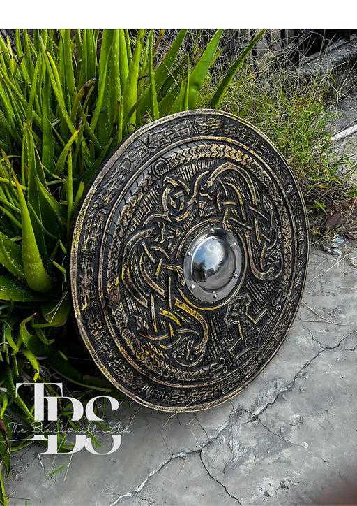 Handmade Viking Engraved Wooden Shield - 24-Inch Authentic Norse Design, Anniversary Gift, Groomsmen Gift, Christmas Gift - TheBlacksmithLtd #