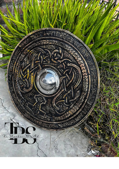 Handmade Viking Engraved Wooden Shield - 24-Inch Authentic Norse Design, Anniversary Gift, Groomsmen Gift, Christmas Gift - TheBlacksmithLtd #