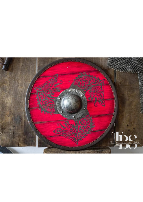 Handmade Red Fenrir Wolf Viking Wooden Shield - 24-Inch Norse Mythology Decor, Anniversary Gift, Groomsmen Gift, Christmas Gift - TheBlacksmithLtd #